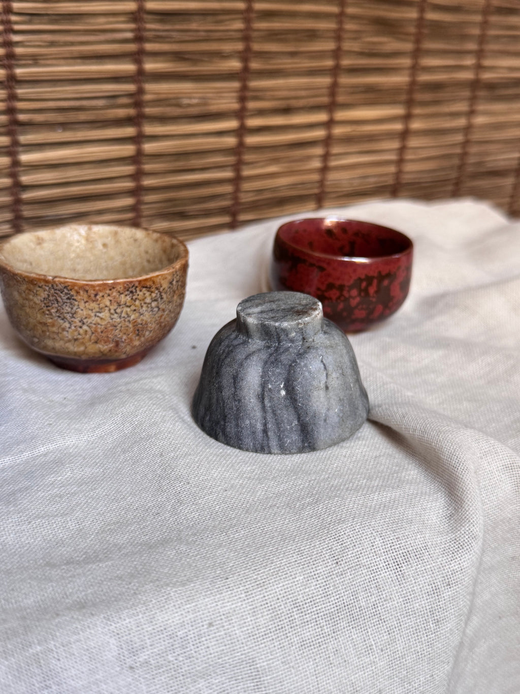 Four Mismatched Guinomi Sake Cups — Cobalt Blue, Crackled Ivory, Marbled Grey, Oxblood Speckle
