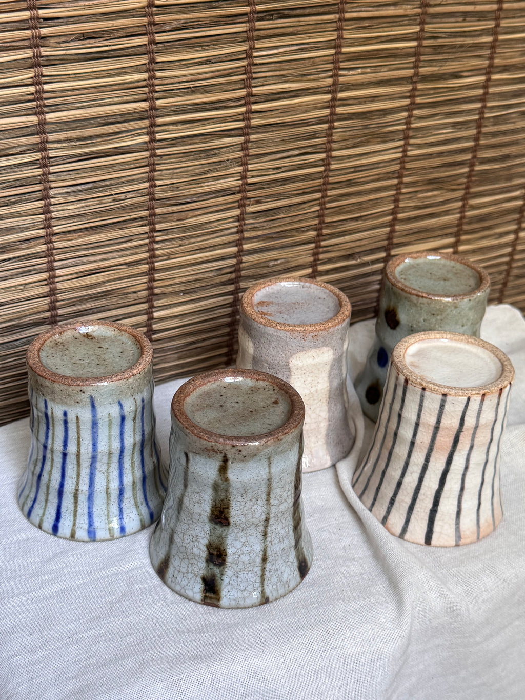 Multi Cups by K. Chikazawa — Boxed Set of 5 Hand-Thrown Yunomi, Mismatched Glaze Designs