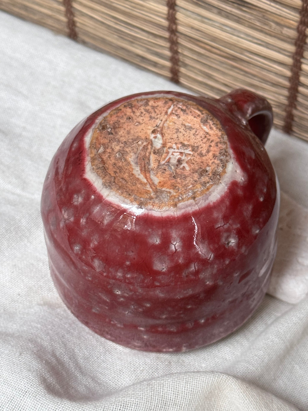 Copper-Red Glazed Studio Mug — Oxblood Drip Glaze, Crackle Interior