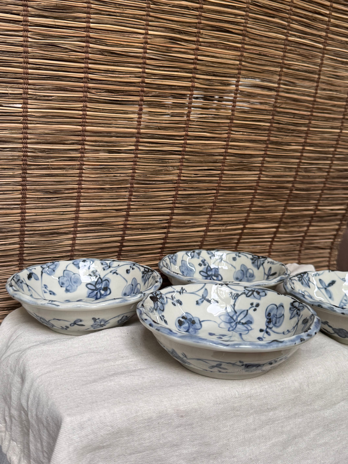 Japanese Sometsuke Blue & White Rice Bowls - Hand-Painted Floral, Scalloped Rim, Set of 4