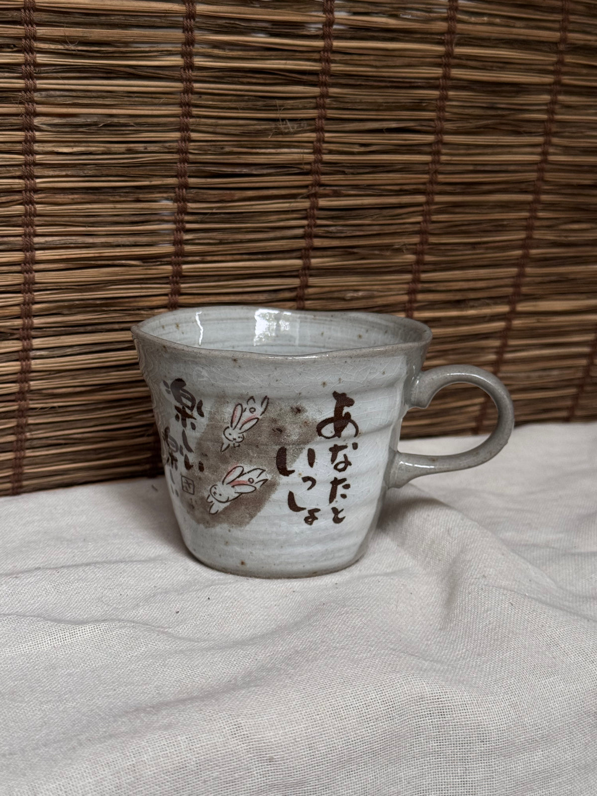 Mino-Yaki Rabbit Mug, Hand-Painted “Fun Together” Message, Crackle Glaze