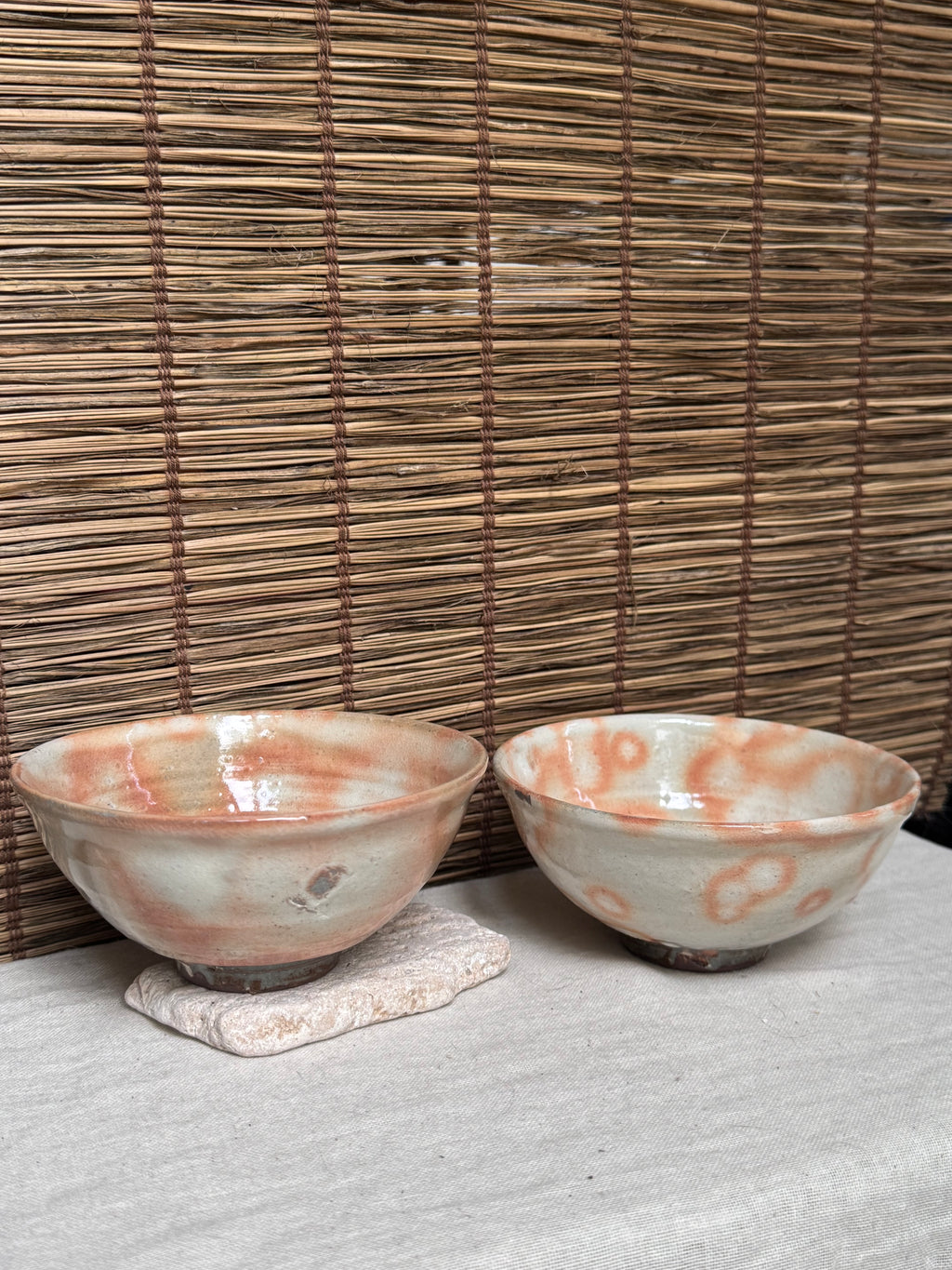 Hagi-yaki Rice Bowls, Pair — Kohiki-Style Rice Straw Ash Spots