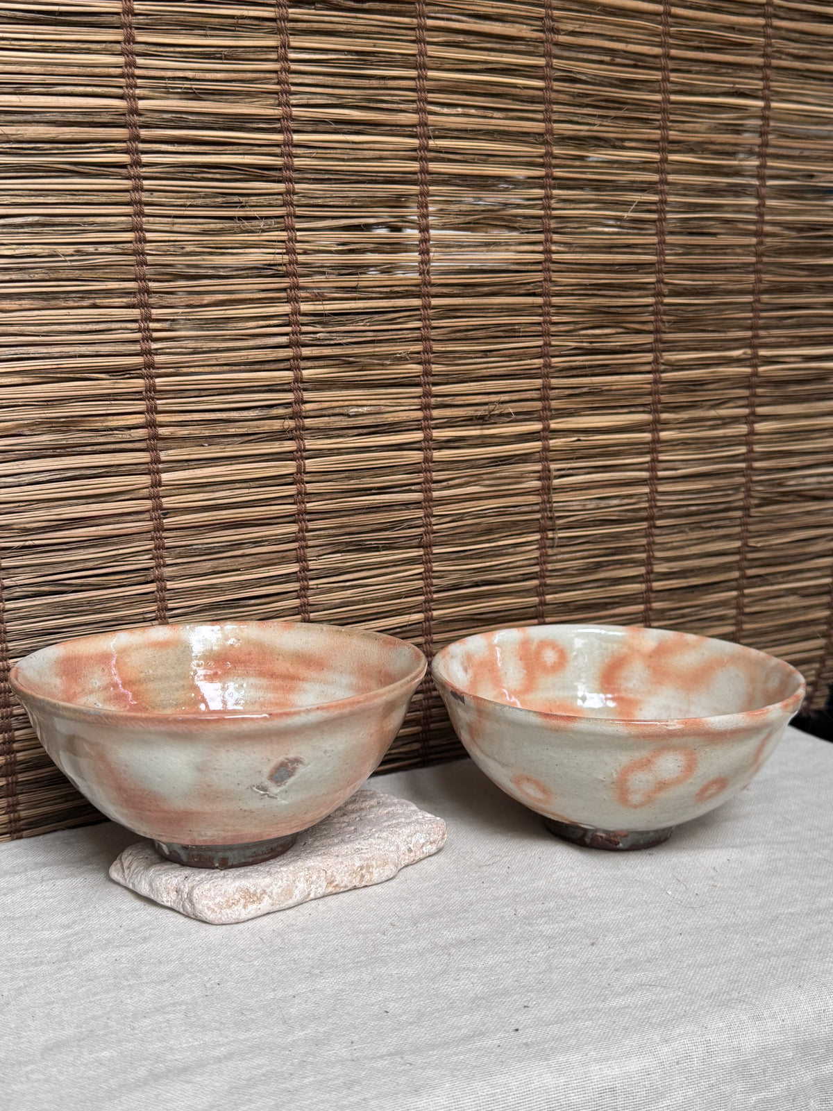 Hagi-yaki Rice Bowls, Pair — Kohiki-Style Rice Straw Ash Spots