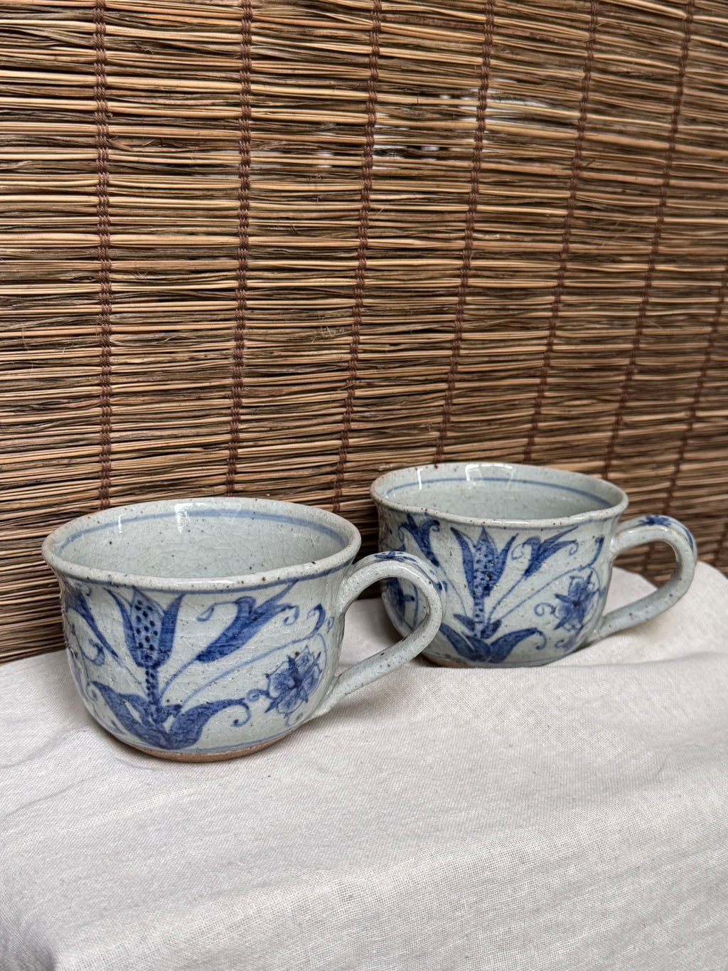 Japanese Blue and White Sometsuke Teacup Mugs, Hand-Painted Floral Design, Set of Two