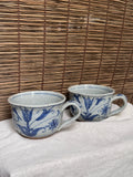 Japanese Blue and White Sometsuke Teacup Mugs, Hand-Painted Floral Design, Set of Two