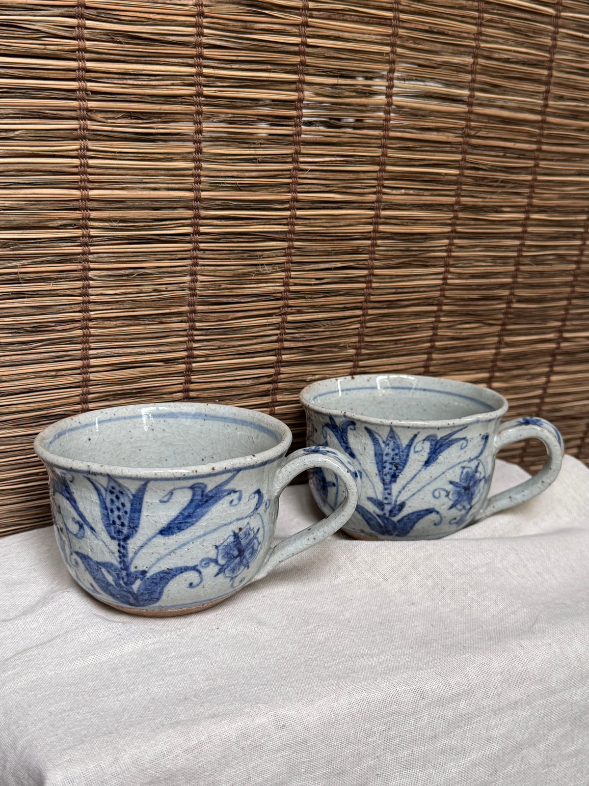 Japanese Blue and White Sometsuke Teacup Mugs, Hand-Painted Floral Design, Set of Two