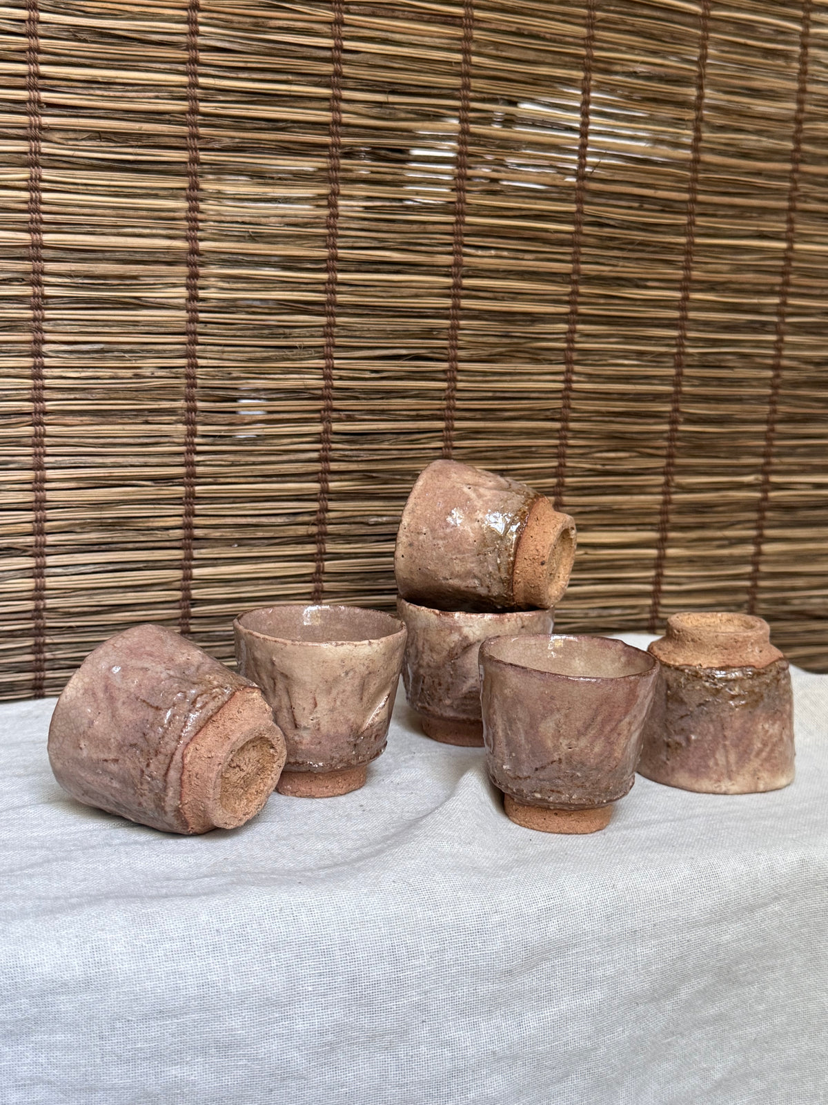 Hagi-yaki Sake Cups, Set of 6 — Blush Pink Ash Glaze, Hand-Built, Unglazed Rim & Foot