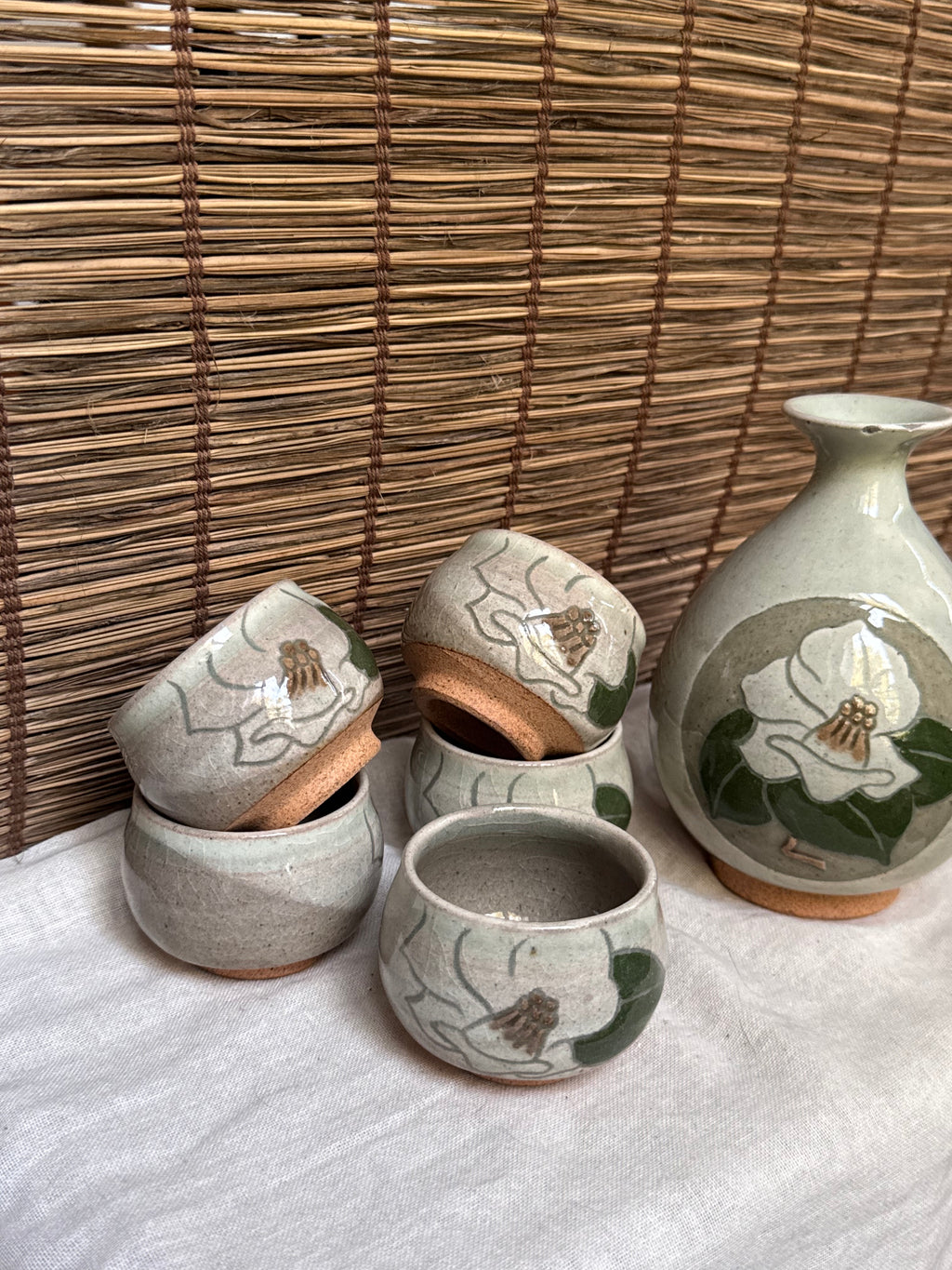 Mino Yaki Celadon Sake Set with Hand-Painted Camellia, Bottle & 6 Cups