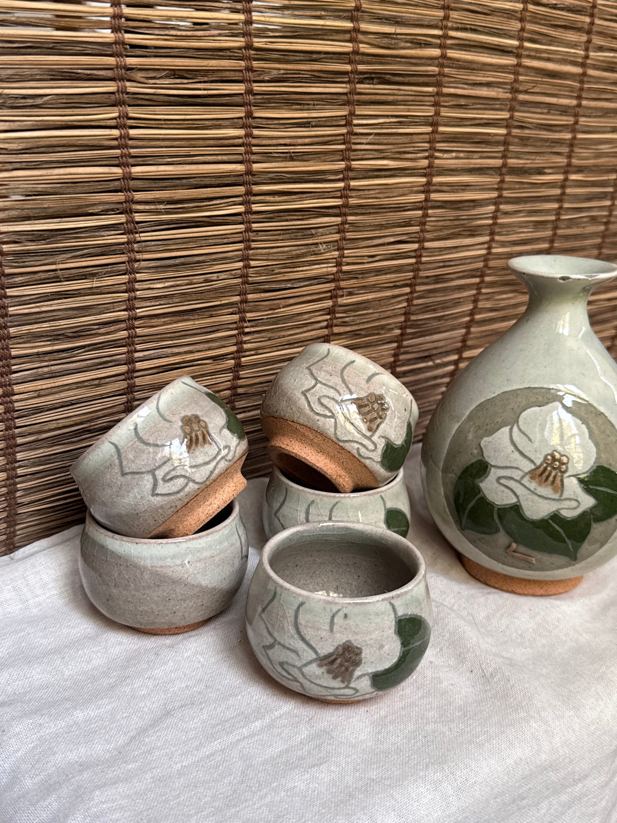Mino Yaki Celadon Sake Set with Hand-Painted Camellia, Bottle & 6 Cups