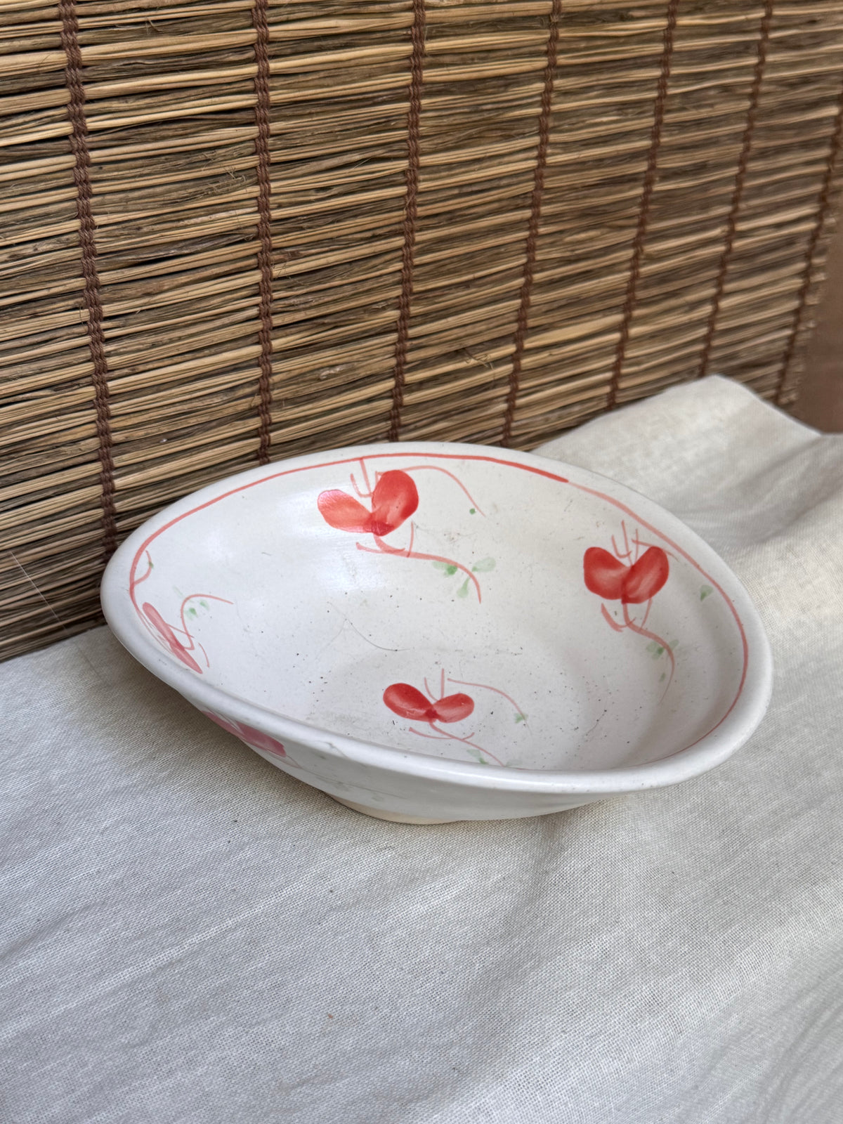 Boat-Shaped Serving Bowl — Hand-Painted Red Blossom Motif, Cream Crackle Glaze