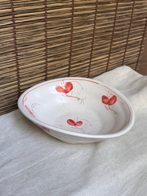 Boat-Shaped Serving Bowl — Hand-Painted Red Blossom Motif, Cream Crackle Glaze