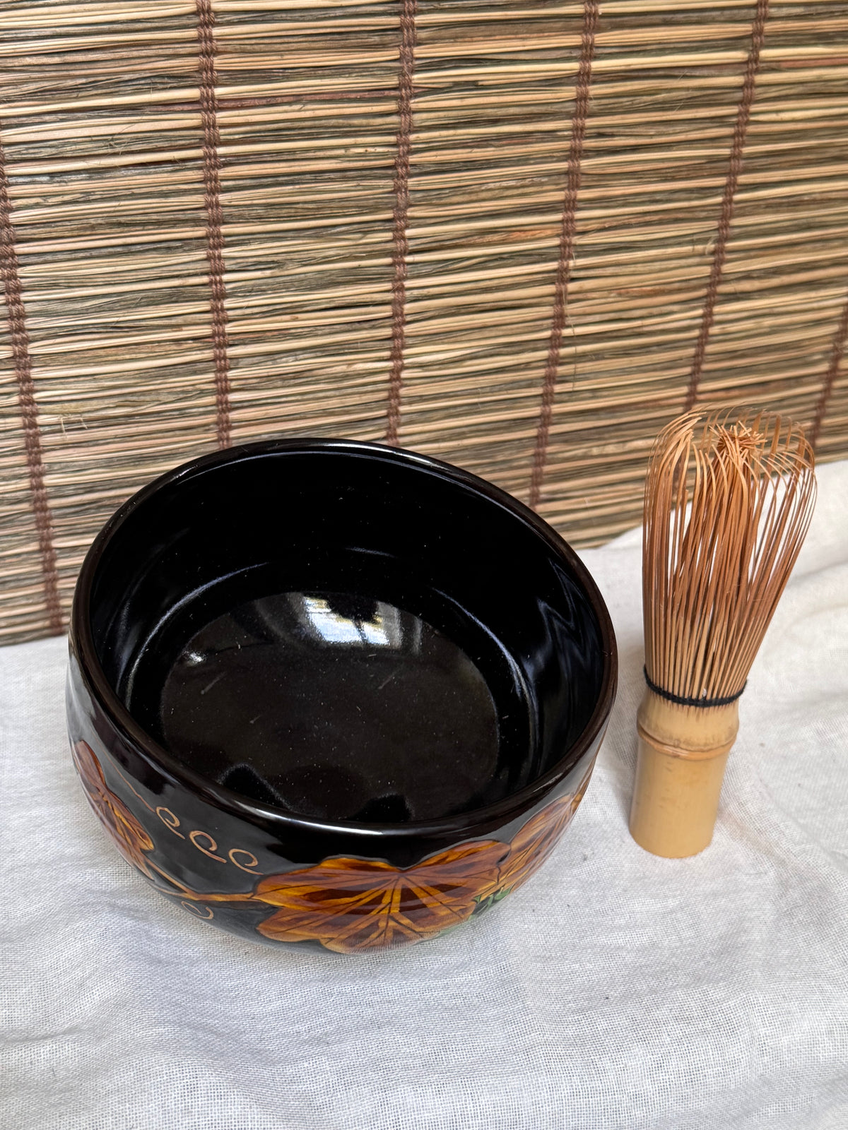 Kuro-Ninsei Chawan — Grapevine Motif, Kyoto Ware, Wooden Box