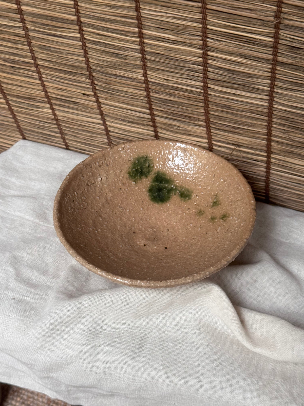 Ki-Seto Style Bowl — Coarse Stoneware with Copper-Green "Tanpan" Accents