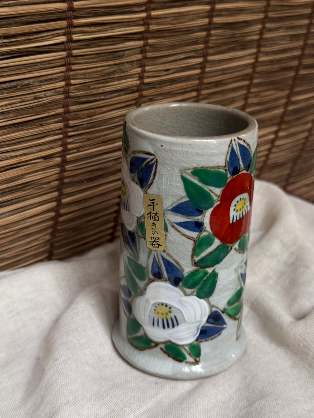 Mino Ware Crackle Glaze Camellia Vase, Hand-Painted Kannyu Ceramic Cylinder