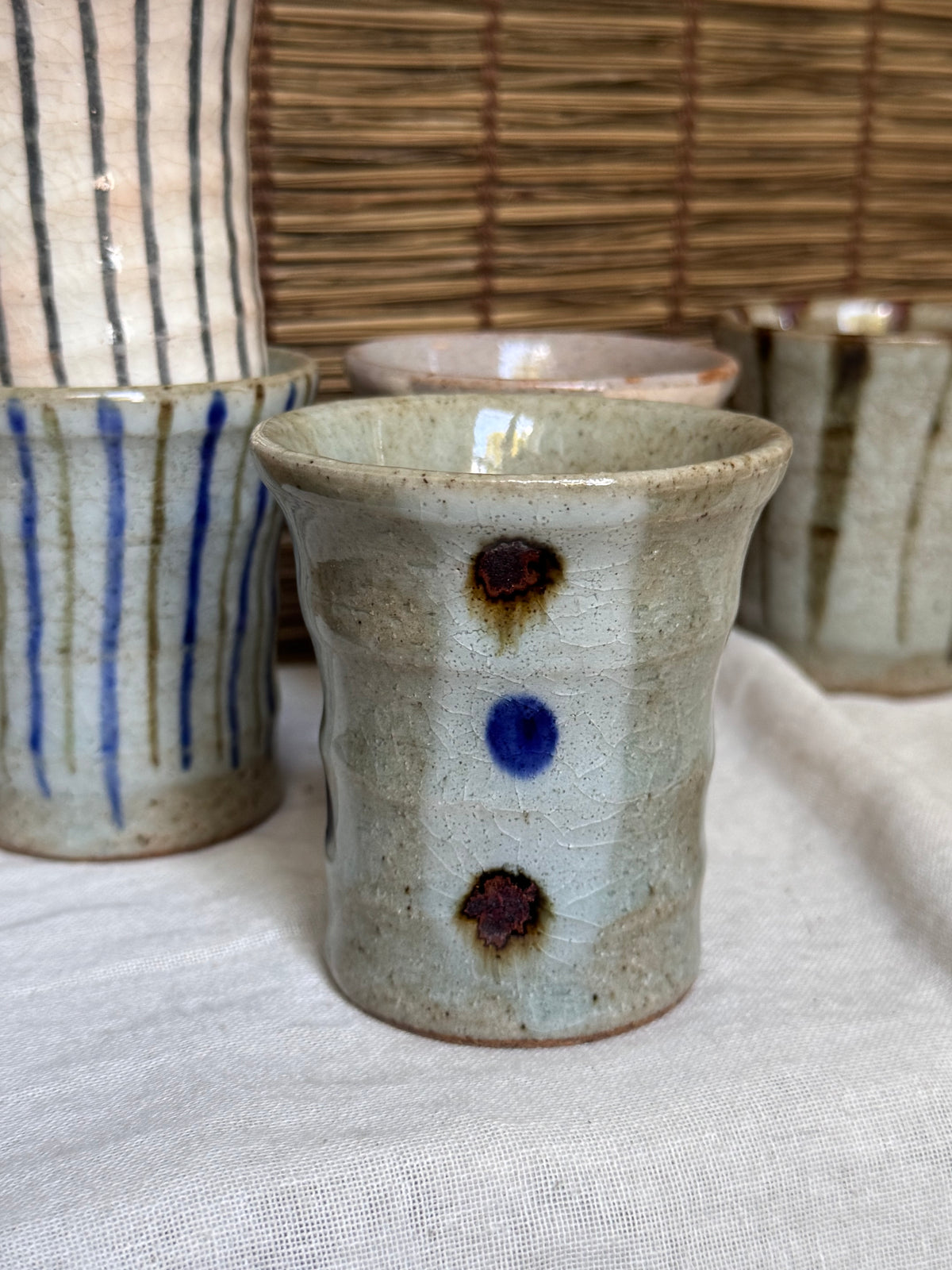 Multi Cups by K. Chikazawa — Boxed Set of 5 Hand-Thrown Yunomi, Mismatched Glaze Designs