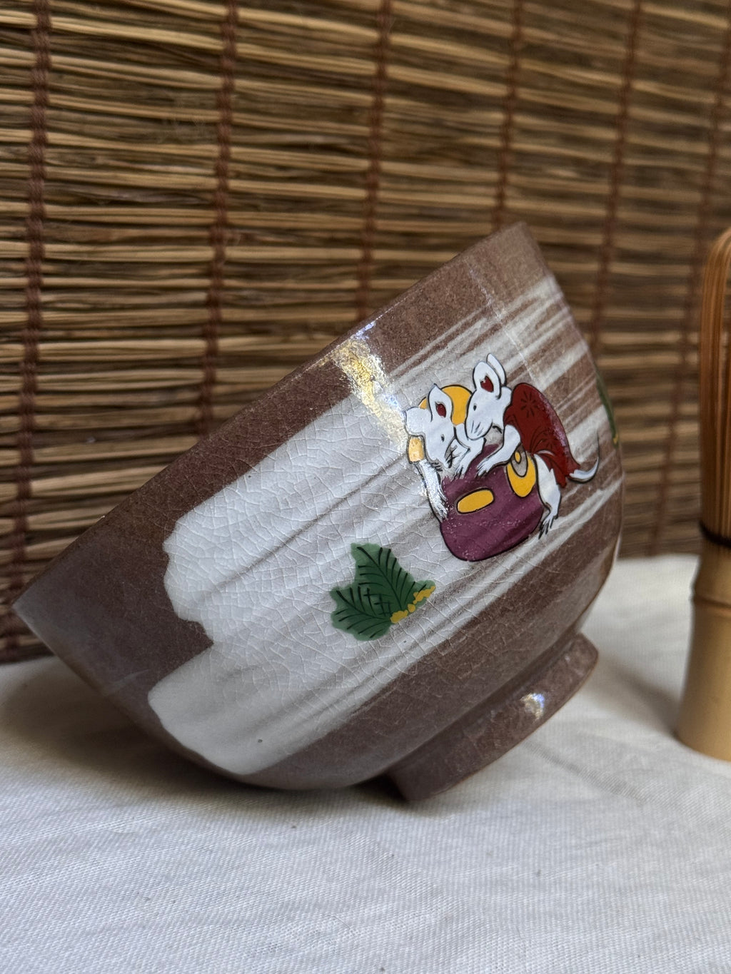 Kyoto Ware Zodiac Tea Bowl (Eto Chawan) — Daikoku's Mice with Lucky Mallet and Treasure Sack, Brushed Slip Swirl