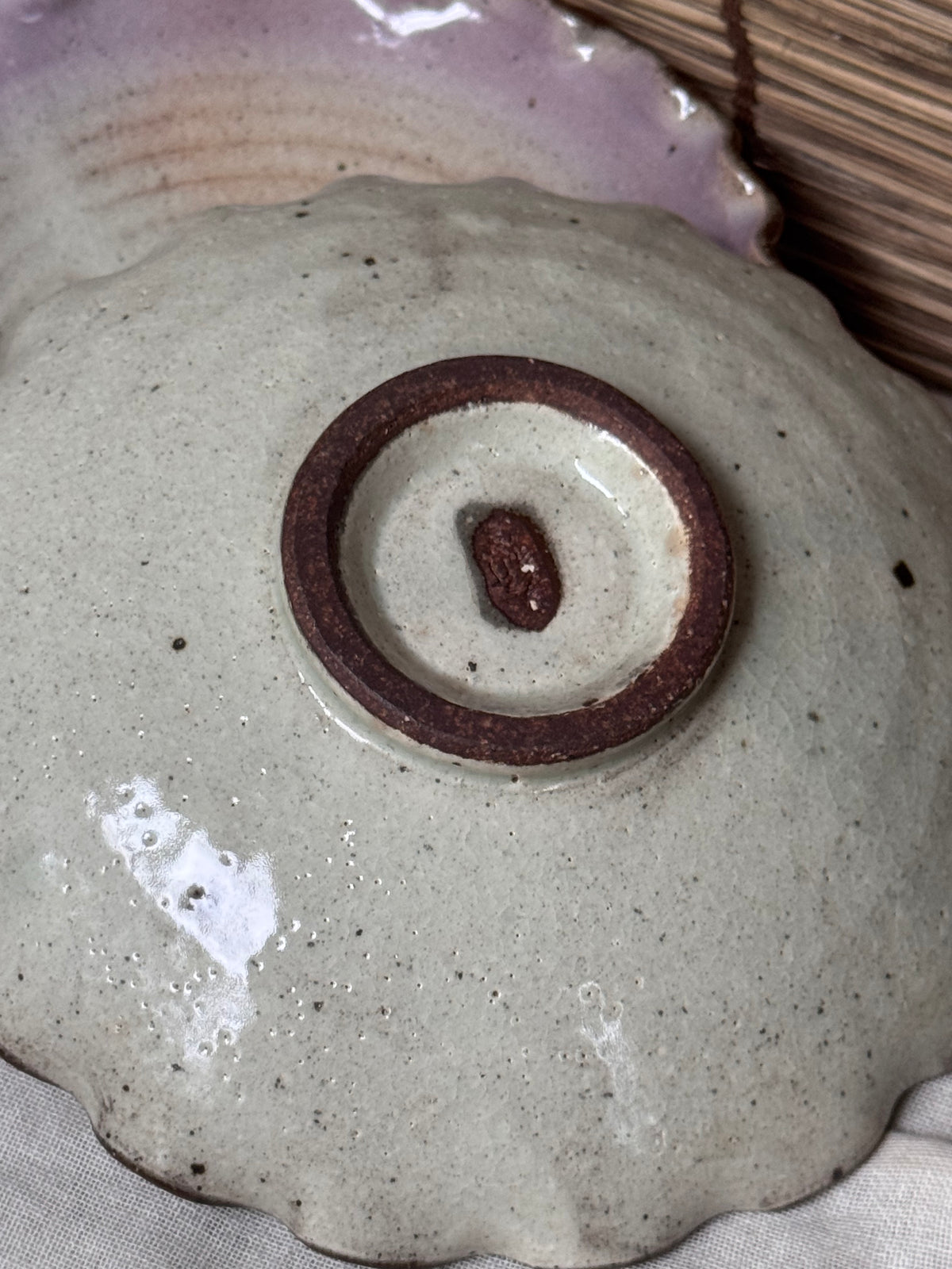 Lavender-Rimmed Scalloped Dishes, Pair — Spiral Throwing Rings, Iron-Brown Wave Edge