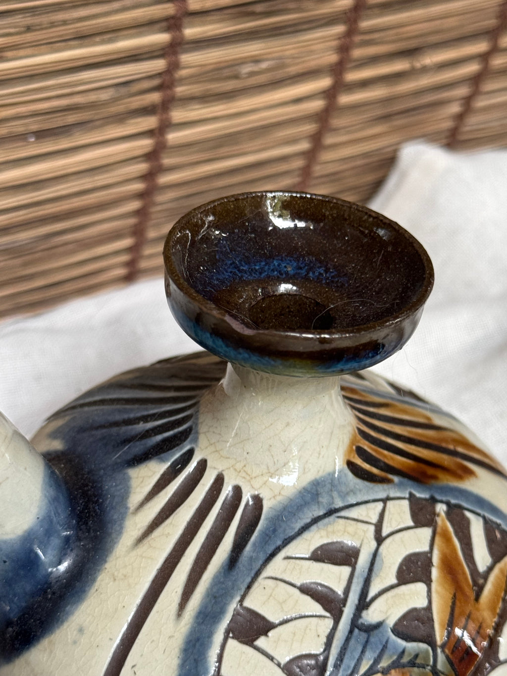 Tsuboya-yaki Hand-Painted Fish Motif Sake Flask