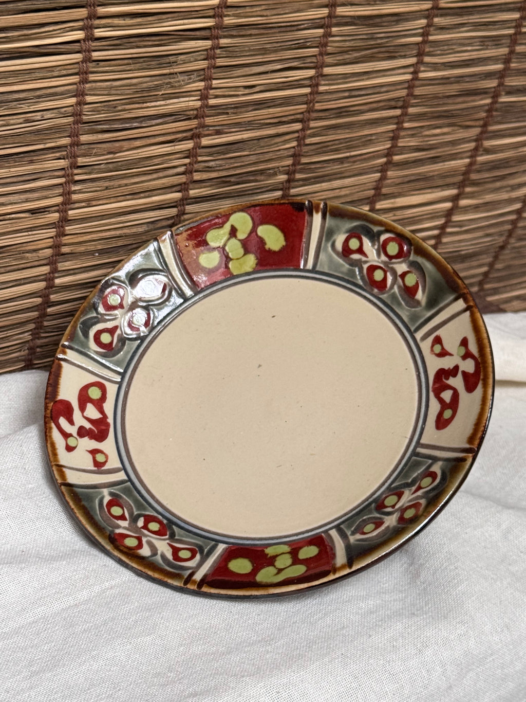 Yachimun Okinawan Pottery Plate — Hand-Painted Paneled Floral Design