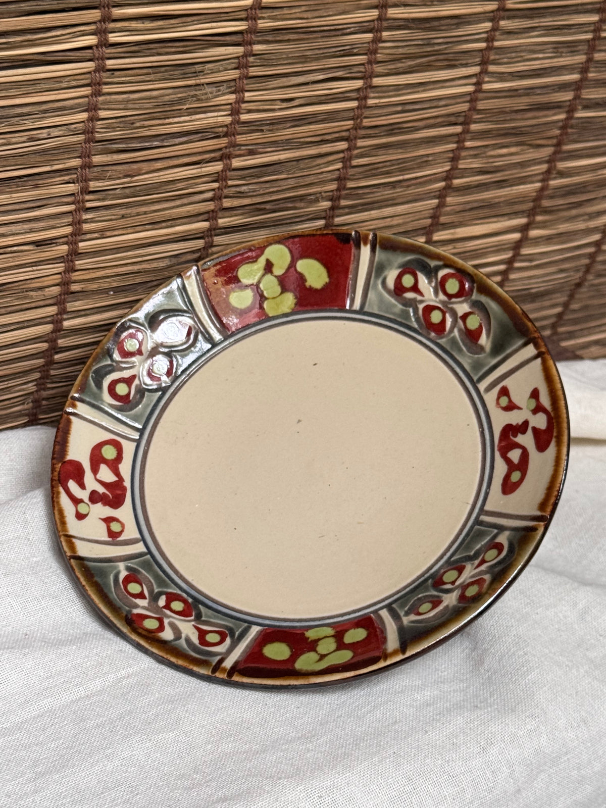 Yachimun Okinawan Pottery Plate — Hand-Painted Paneled Floral Design