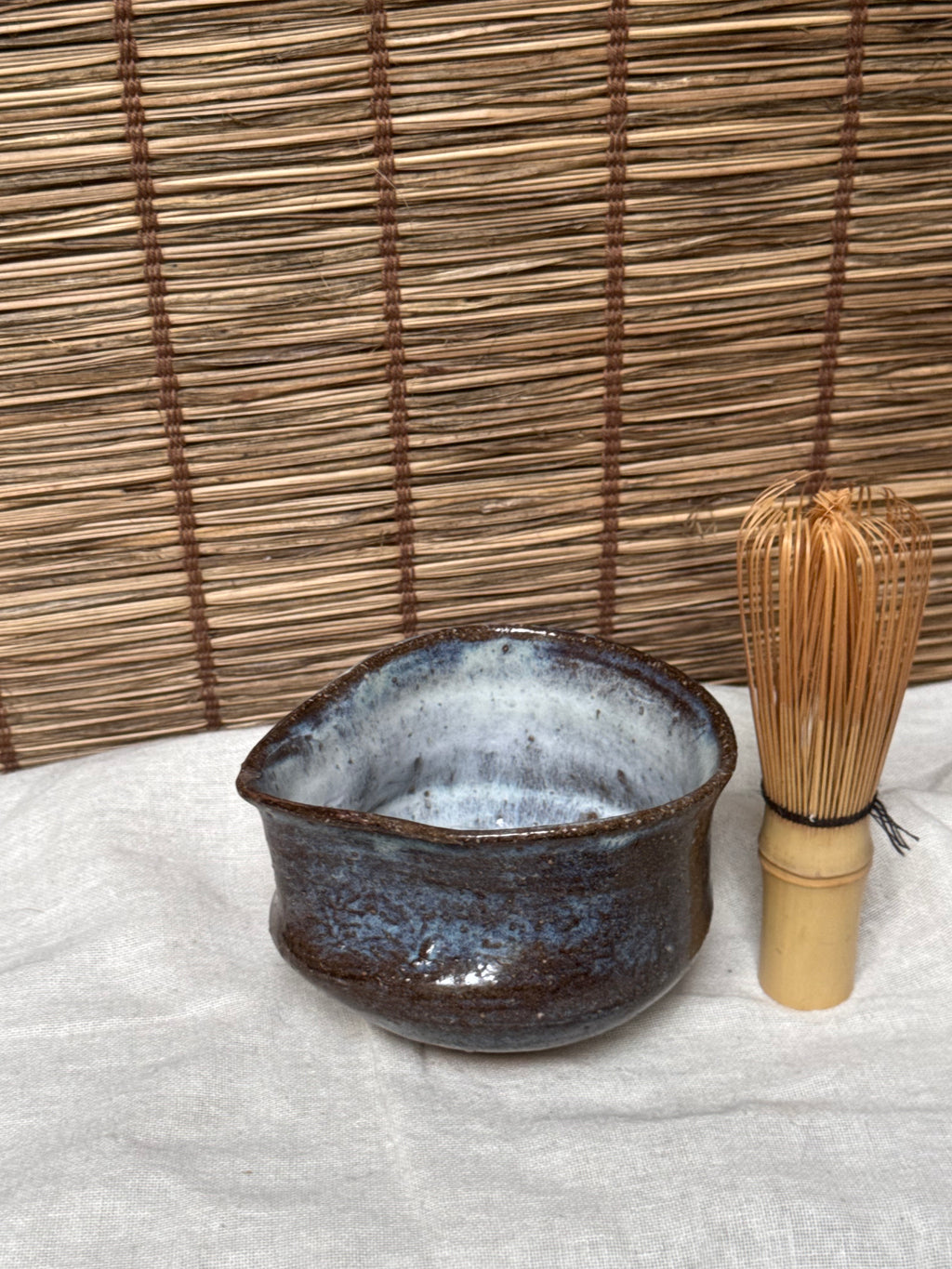 Matcha Chawan (Small)— Blue-White Opalescent Glaze, Iron Clay, Pinched Triangular Rim