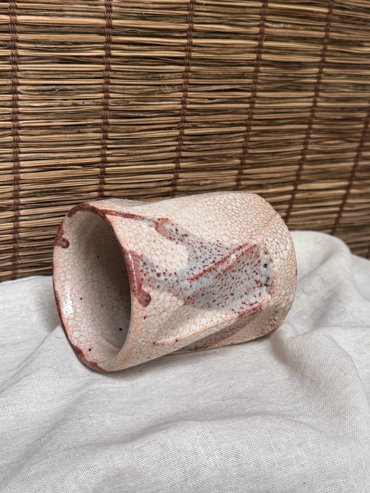 Shino-Yaki Faceted Yunomi Cup, Blush Pink Ash Glaze