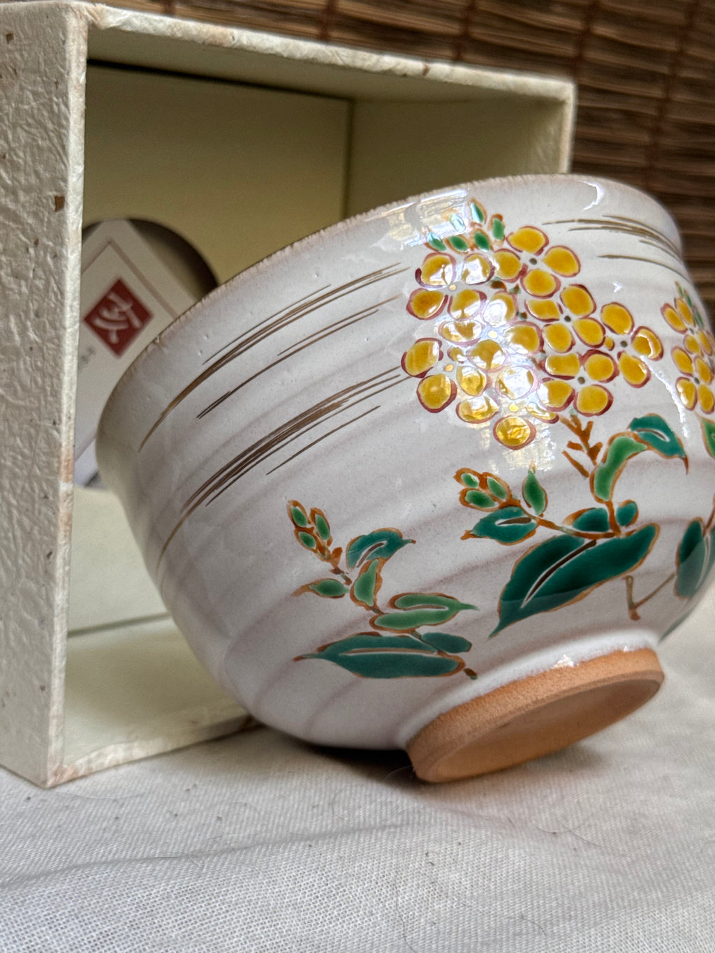 Kiyomizu Kyo-yaki Matcha Chawan by Ryoji — Hand-Painted Rapeseed Flower Design, Original Box