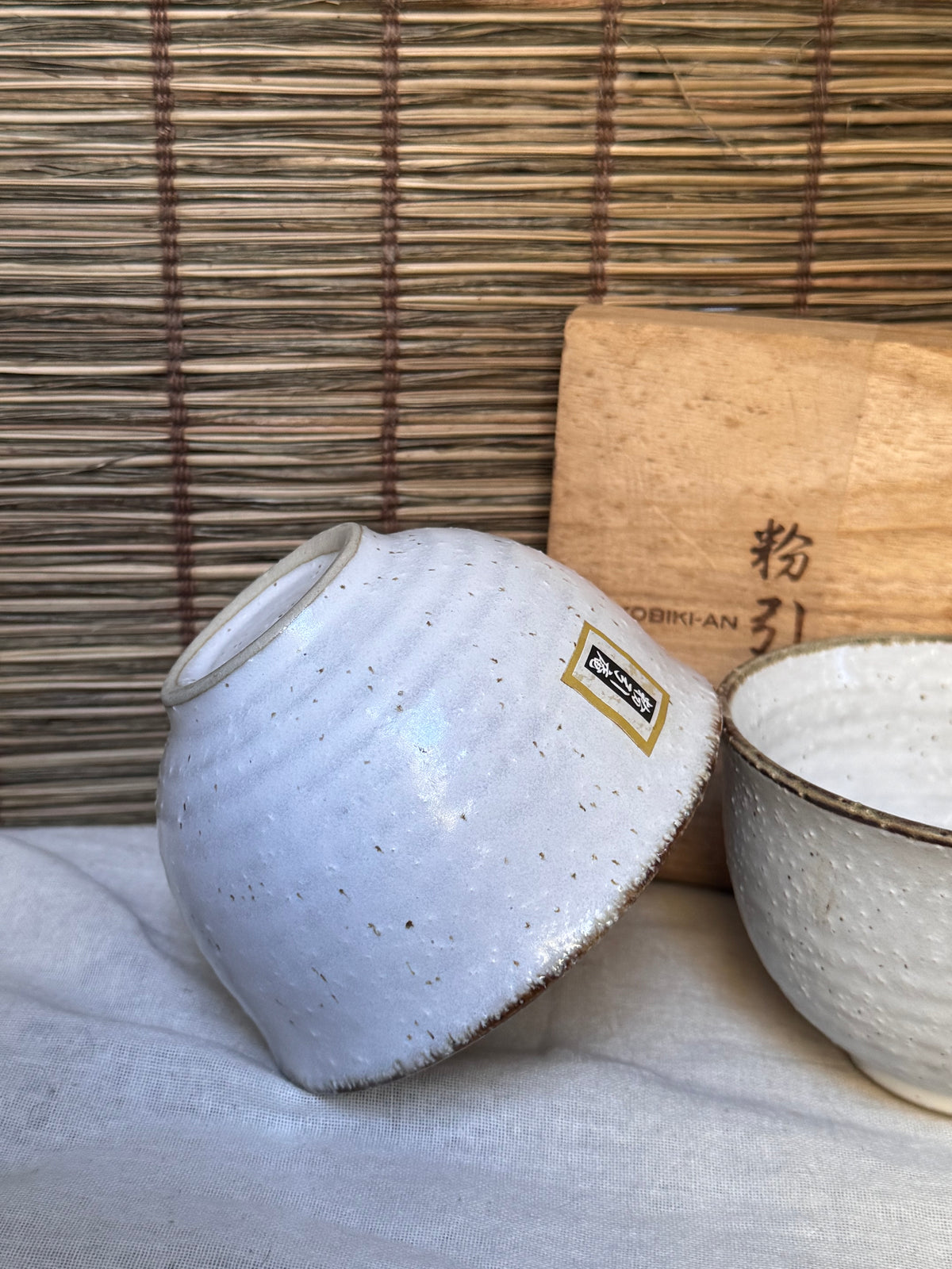 Kohiki Rice Bowls, Pair — White Slip, Iron Speckles, Kobiki-an, Wooden Box