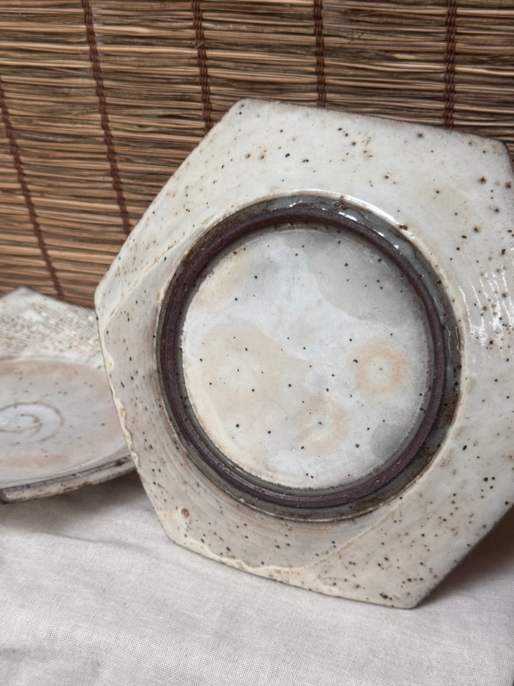 Hexagonal Studio Clip Sunburst Dishes, Pair — Combed Radiating Lines, Spiral Center, Speckled White Glaze