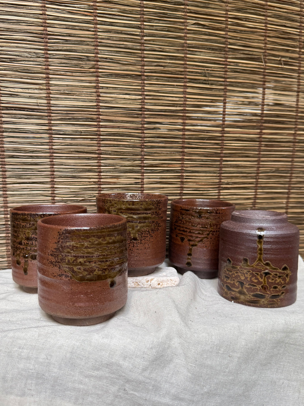 Tamba Ware Teacups (Yunomi), Set of 5 — Olive Ash Glaze Drips, Original Box