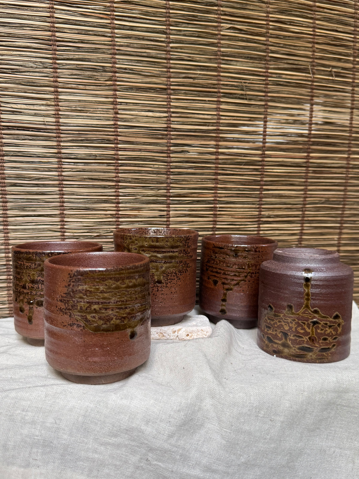 Tamba Ware Teacups (Yunomi), Set of 5 — Olive Ash Glaze Drips, Original Box