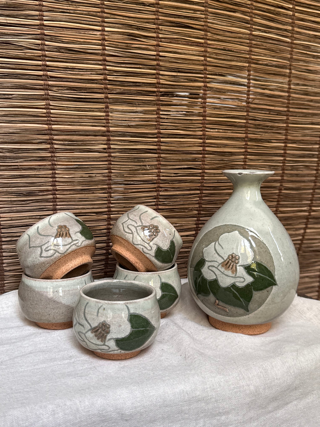Mino Yaki Celadon Sake Set with Hand-Painted Camellia, Bottle & 6 Cups