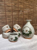 Mino Yaki Celadon Sake Set with Hand-Painted Camellia, Bottle & 6 Cups