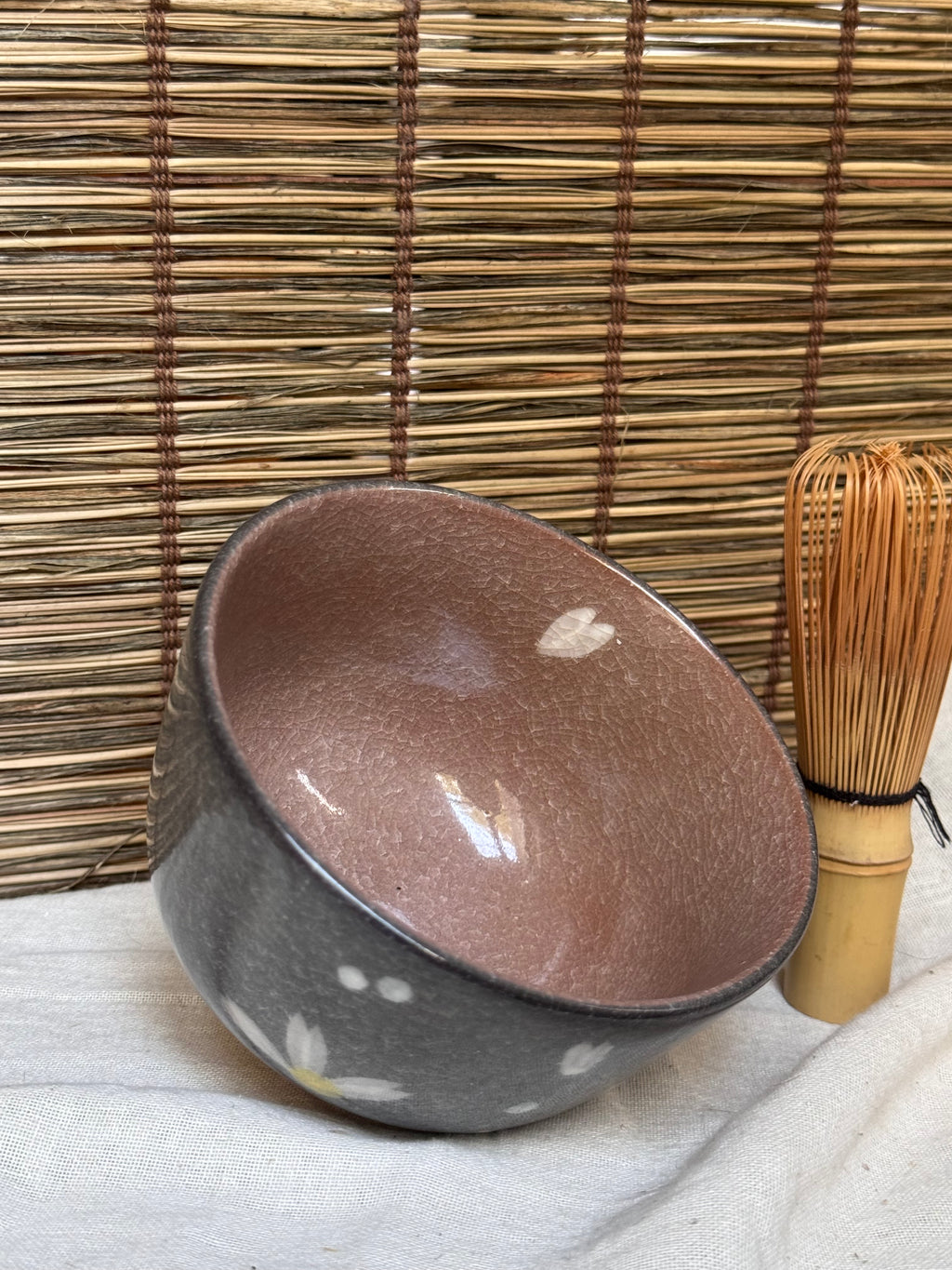Celadon Matcha Bowl (Chawan) — Sakura Blossoms, Grey Crackle Glaze, Pink Interior