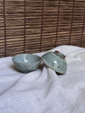 Celadon Sake Cups, Pair — Carved Scrollwork, Crackle Glaze