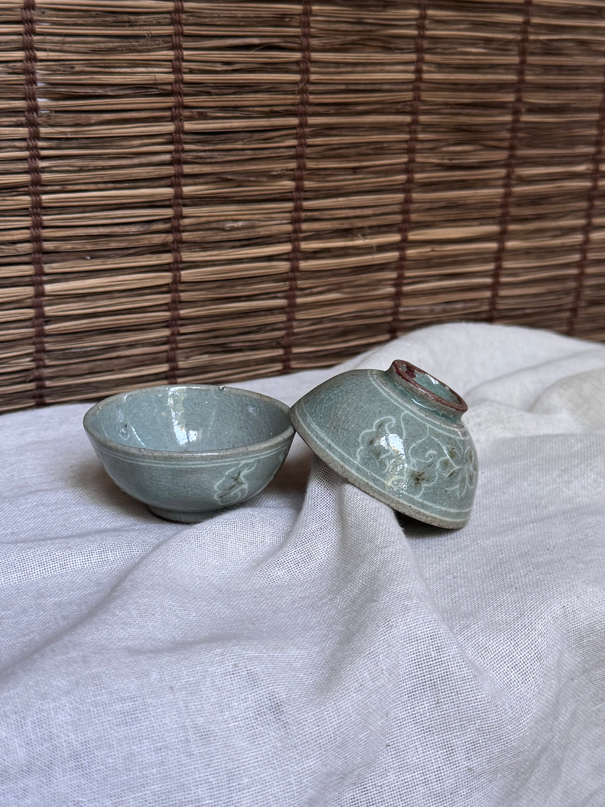 Celadon Sake Cups, Pair — Carved Scrollwork, Crackle Glaze