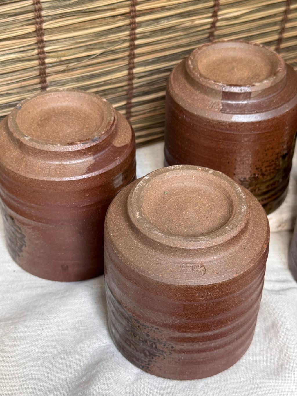 Tamba Ware Teacups (Yunomi), Set of 5 — Olive Ash Glaze Drips, Original Box