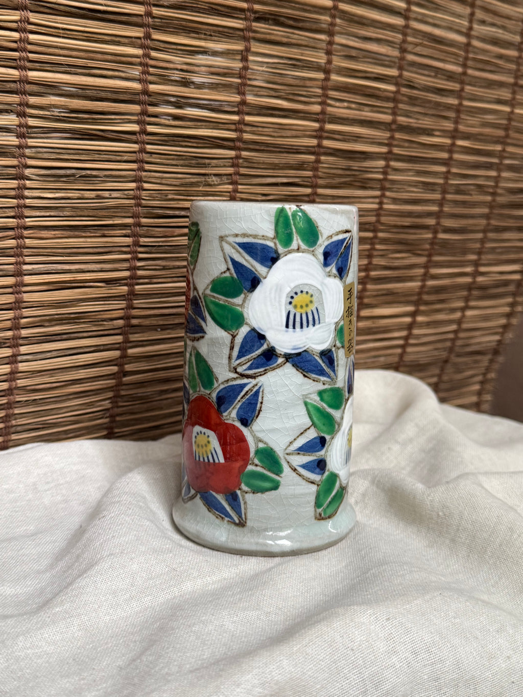 Mino Ware Crackle Glaze Camellia Vase, Hand-Painted Kannyu Ceramic Cylinder