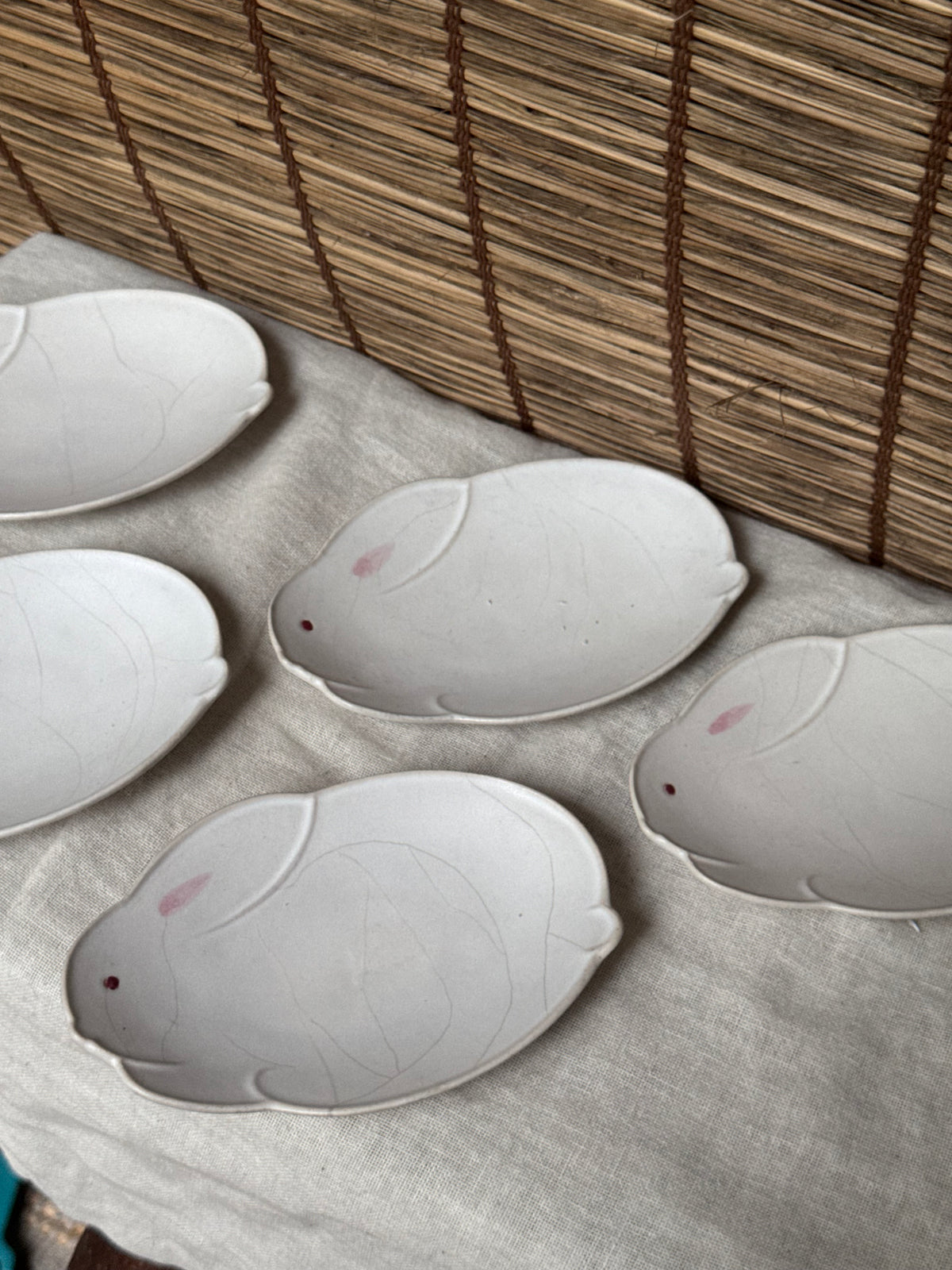 Tachikichi Rabbit-Shaped Plates, Single — White Crackle Glaze, Pink Ears