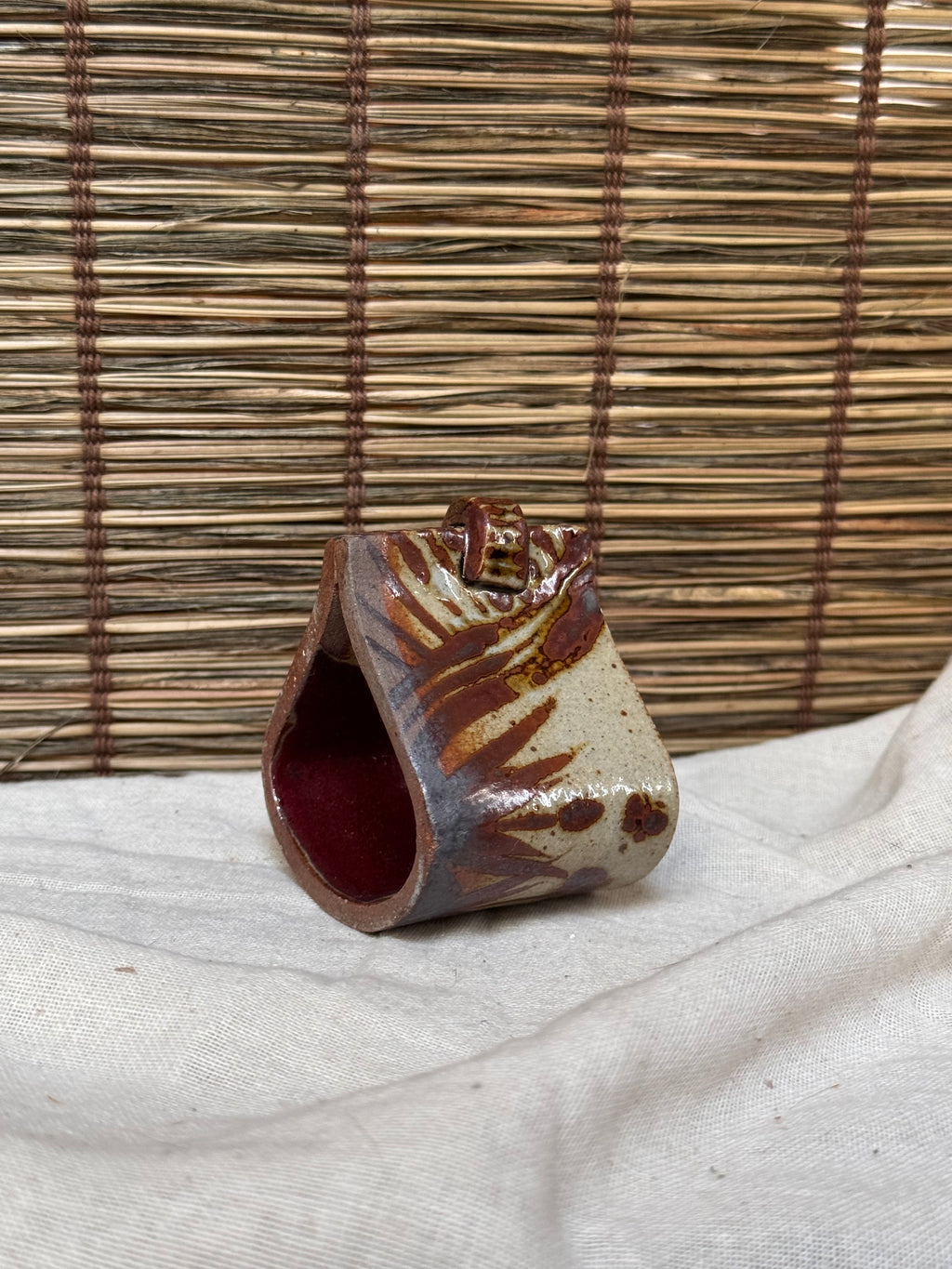 Japanese Futaoki (Lid & Ladle Rest) — Slab-Built, Iron-Painted Grasses, Copper-Red Glaze