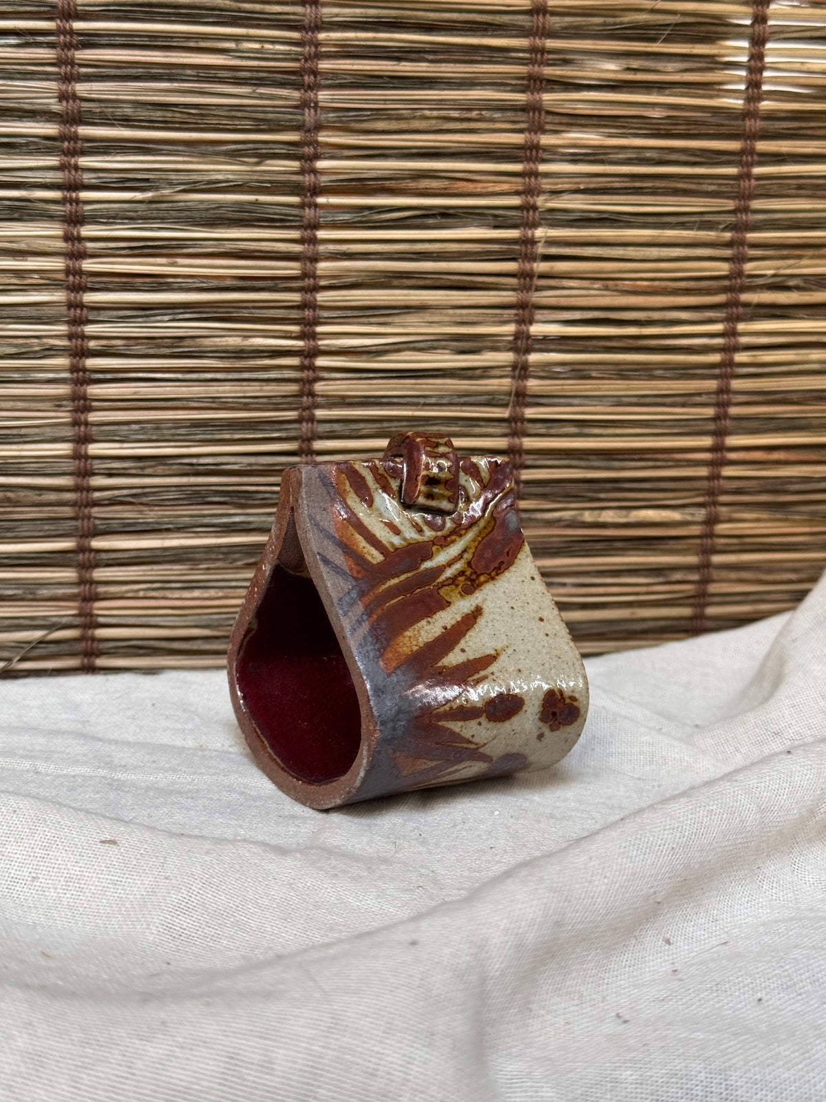 Japanese Futaoki (Lid & Ladle Rest) — Slab-Built, Iron-Painted Grasses, Copper-Red Glaze