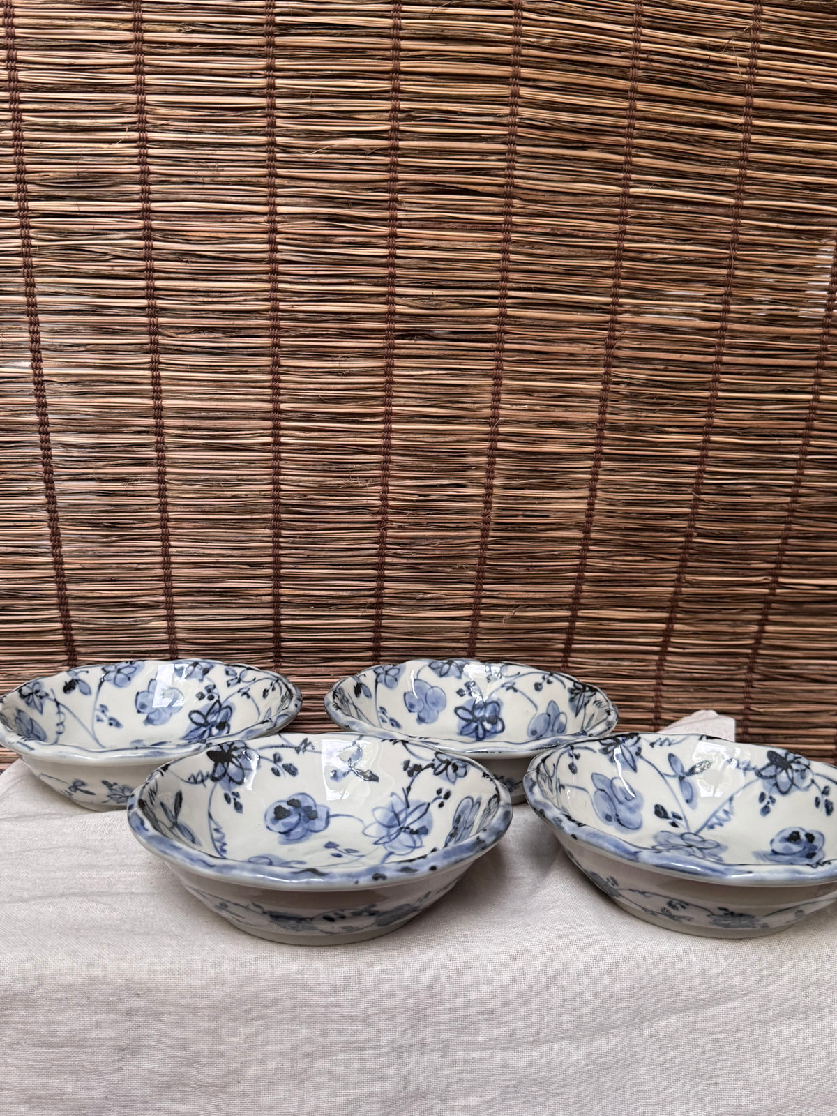 Japanese Sometsuke Blue & White Rice Bowls - Hand-Painted Floral, Scalloped Rim, Set of 4