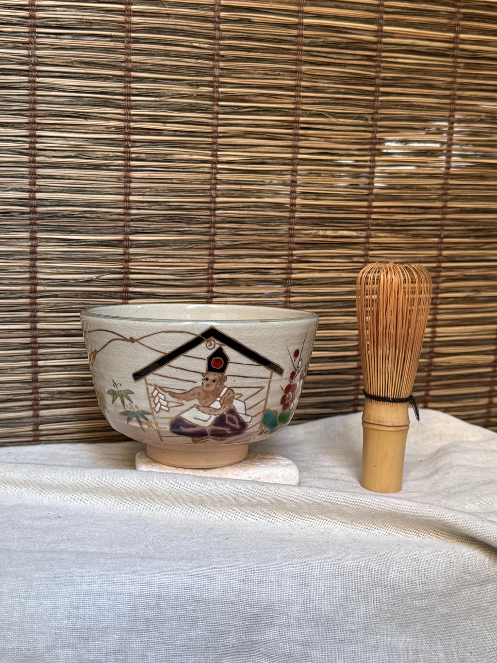 Kyoto Ware Zodiac Tea Bowl (Eto Chawan), Year of the Monkey — Monkey on an Ema with Pine, Bamboo and Plum