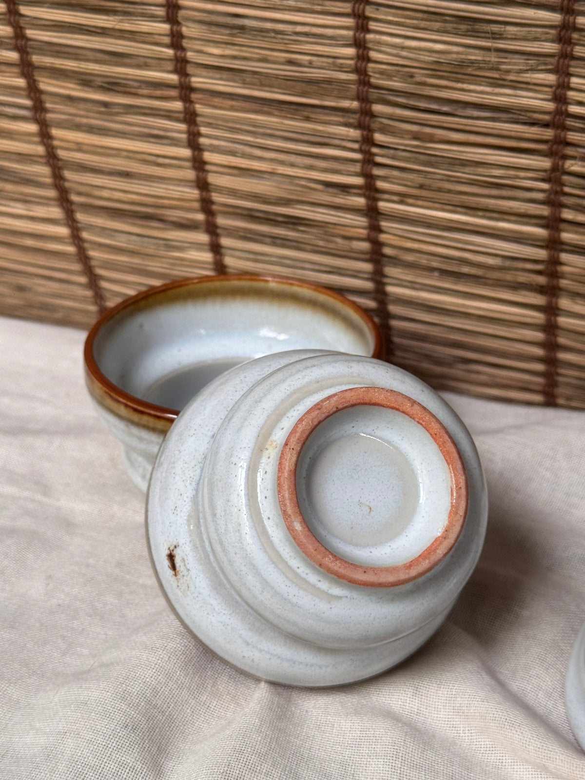 Ame-Glaze Lidded Cups, Pair — Rim Drip, Knob-Lid, Tiered Foot