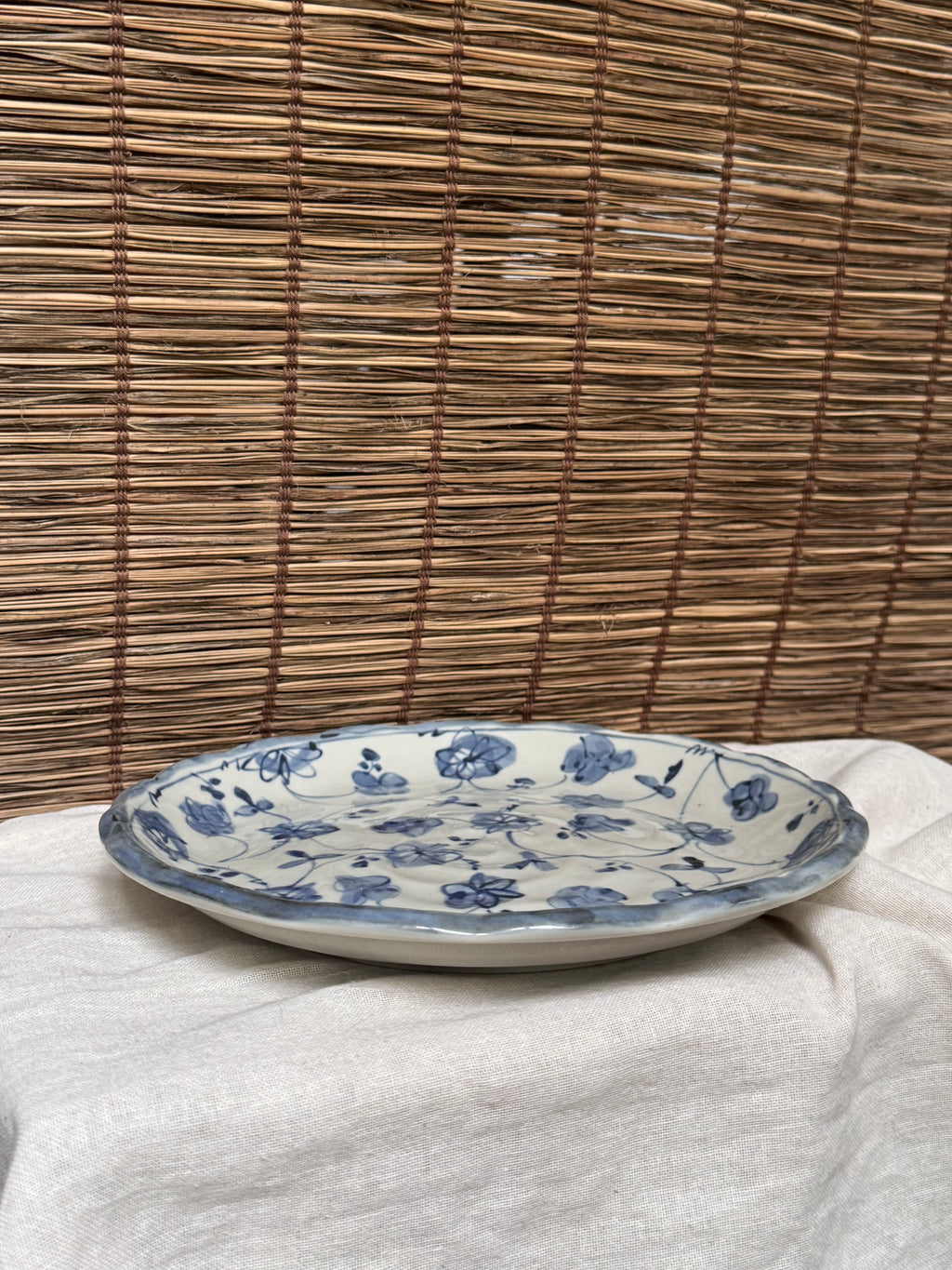 Japanese Sometsuke Blue & White Plate, Hand-Painted Floral, Scalloped Rim.
