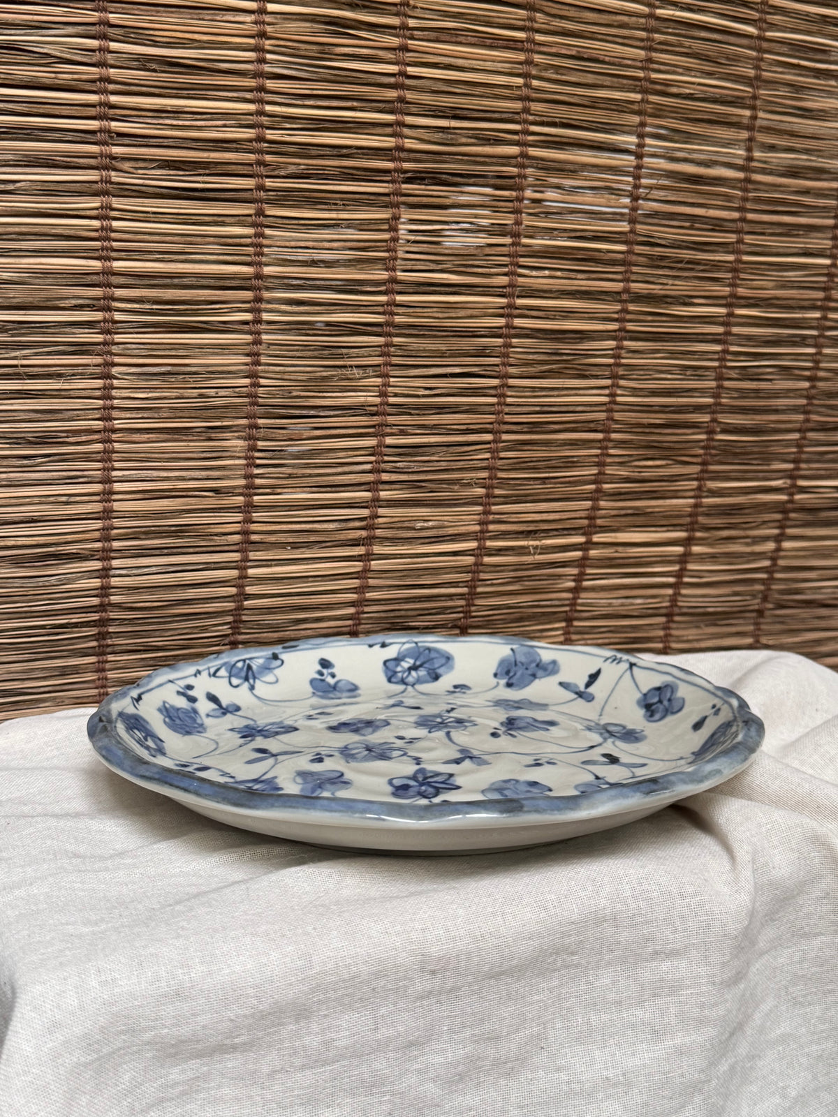 Japanese Sometsuke Blue & White Plate, Hand-Painted Floral, Scalloped Rim.