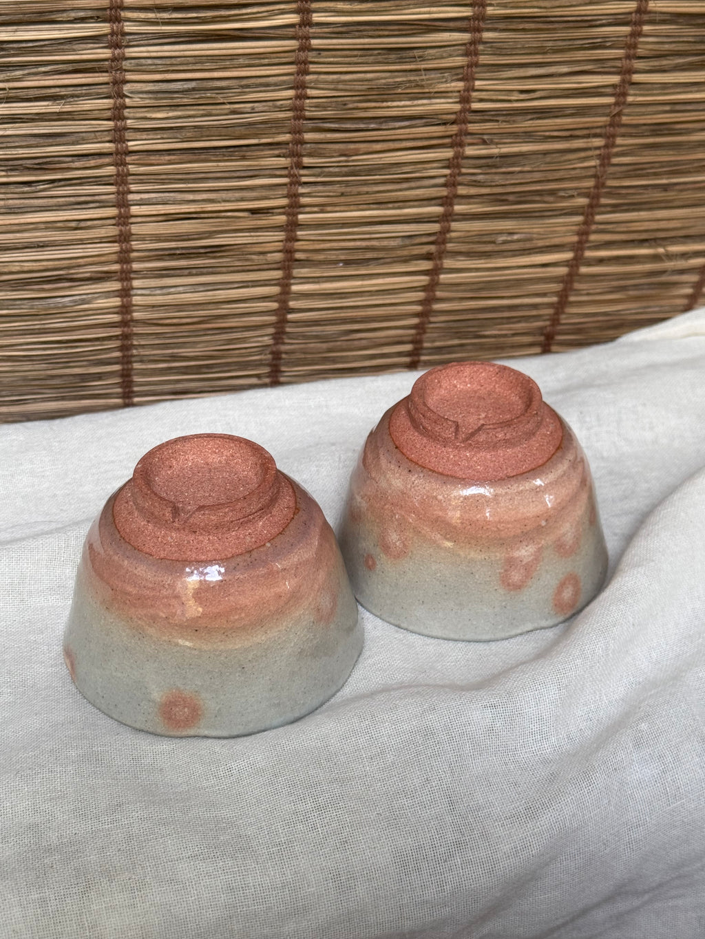 Hagi-Style Yunomi Tea Cups, Pair — Grey Ash Glaze with Iron-Spot