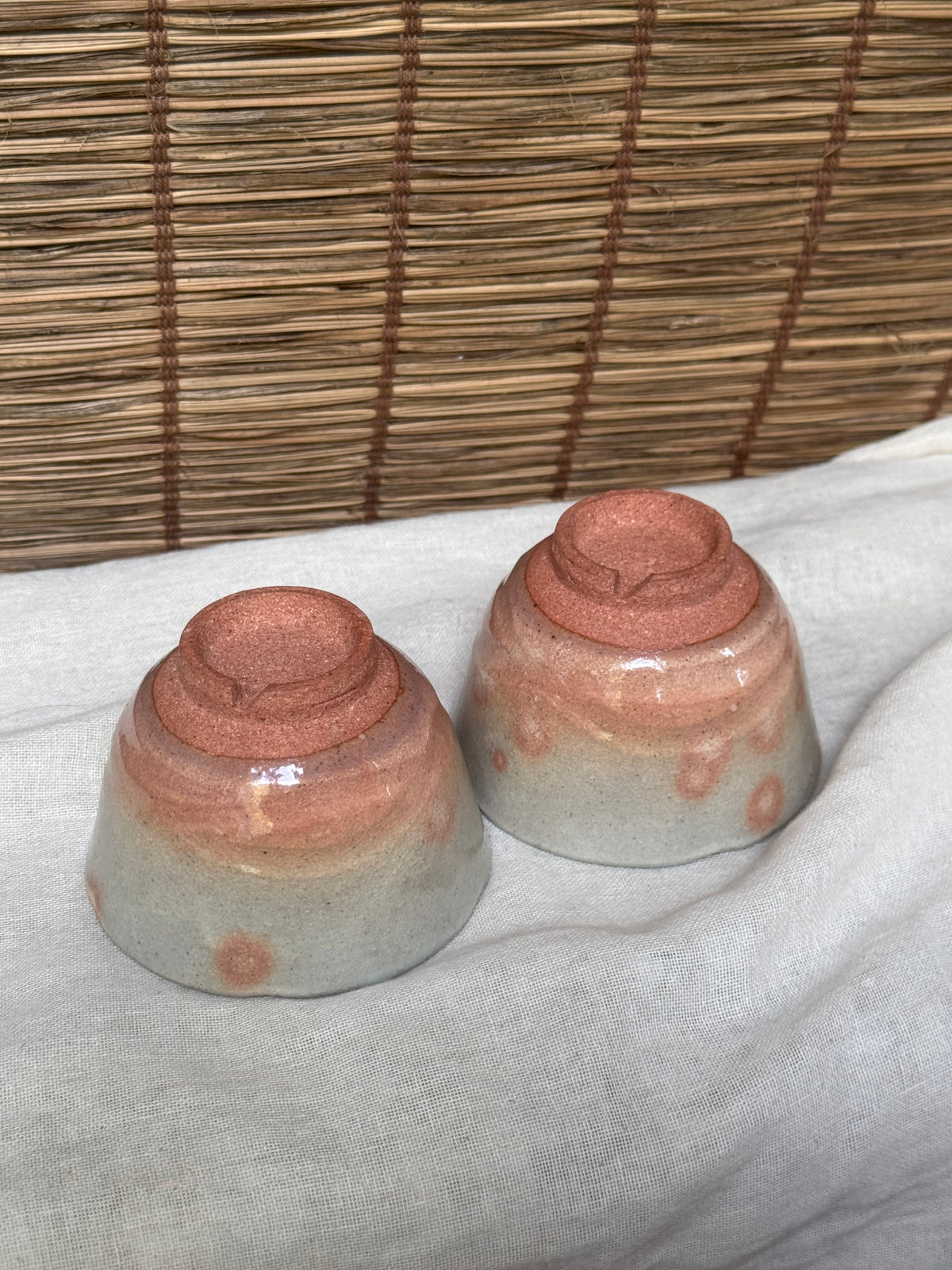 Hagi-Style Yunomi Tea Cups, Pair — Grey Ash Glaze with Iron-Spot