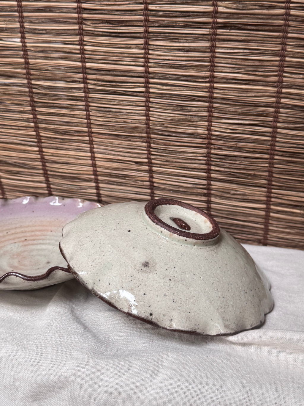 Lavender-Rimmed Scalloped Dishes, Pair — Spiral Throwing Rings, Iron-Brown Wave Edge