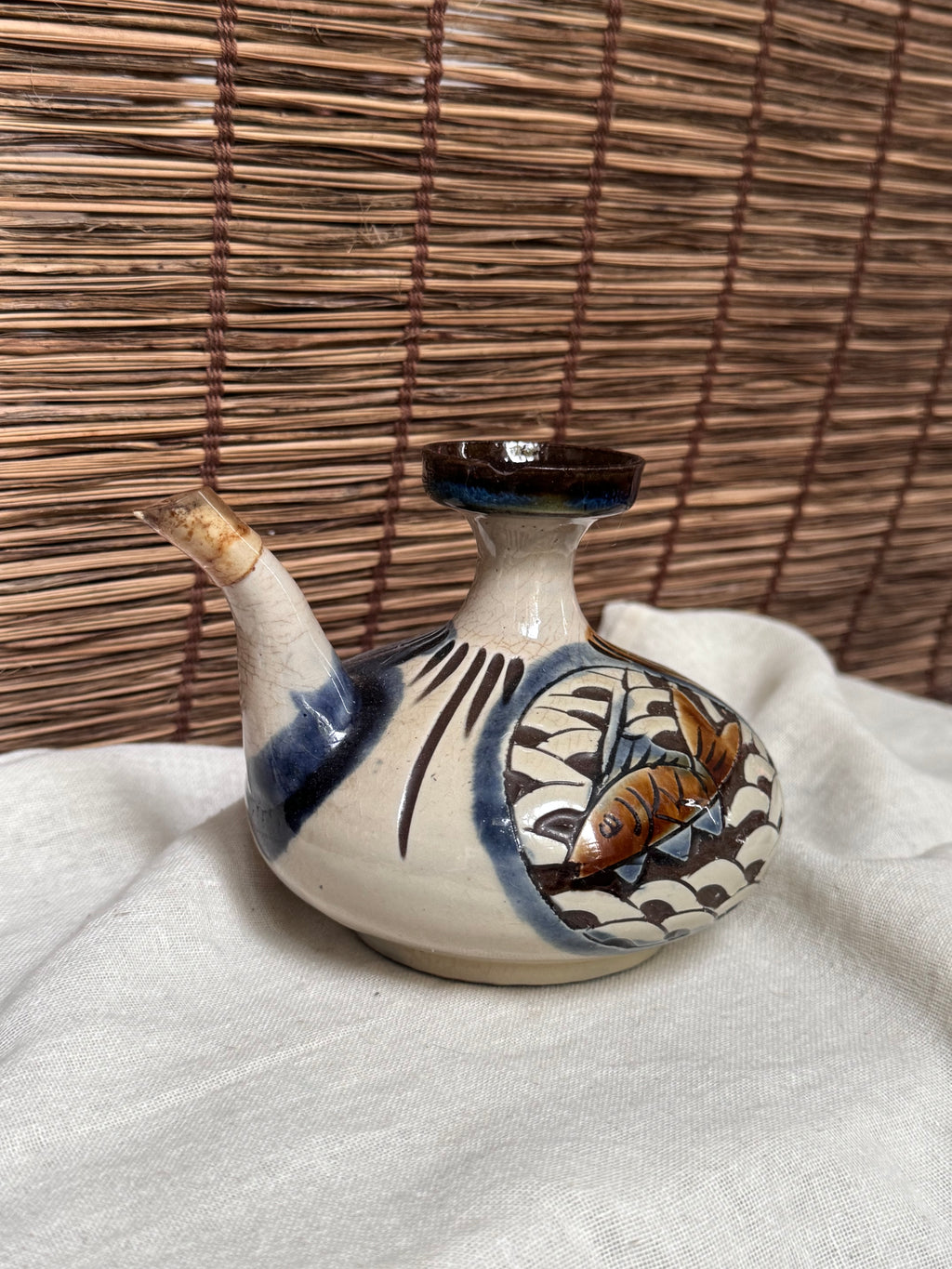 Tsuboya-yaki Hand-Painted Fish Motif Sake Flask